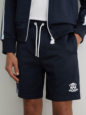 Reiss Mens Navy Astle Monogram Tape Detail Relaxed Fit Shorts Joggers Loose