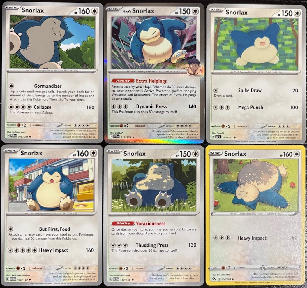 Snorlax Pokemon TCG Collection From 6 Different Art/Set English Cards Holo NM