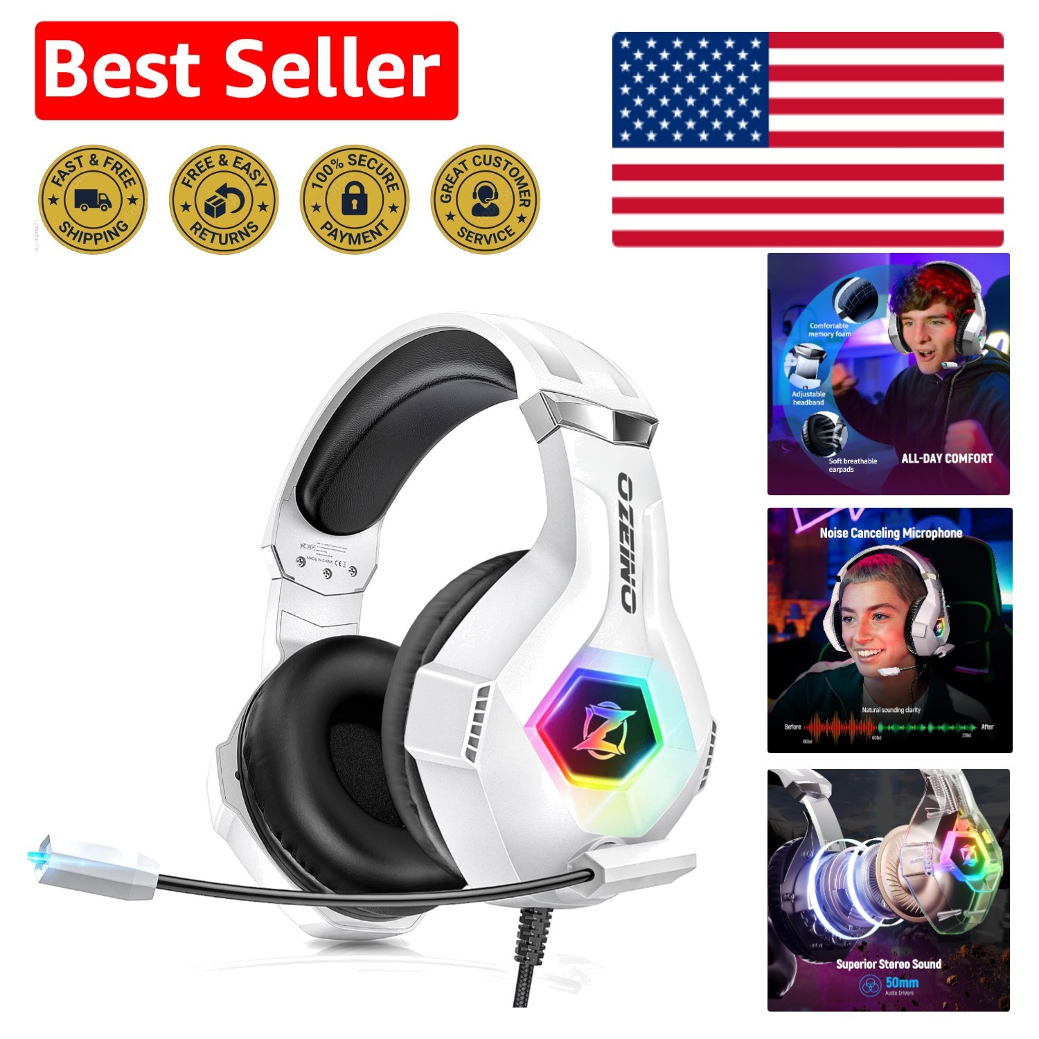 Gaming Headset with 7.1 Surround Sound & Noise Canceling Mic - White-image