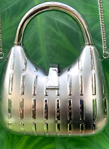 Metallic Silver Purse Clutch Crossbody Rhinestone Mirror Diamond - Picture 3 of 11