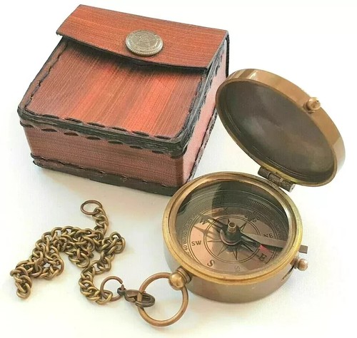 Traditional Nautical Compass Marine Pocket Antique Compass & Leather Case - Picture 5 of 6