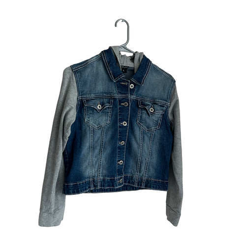 Aryria Girls Cropped Jean Jacket L (16-18) Blue Denim Hooded Button Up - Picture 3 of 5