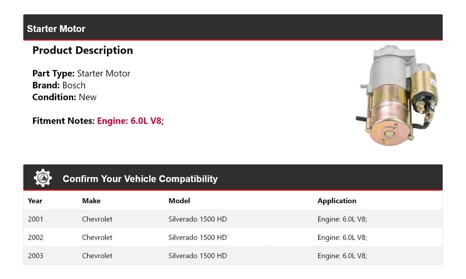 Para Chevrolet Silverado 1500 HD 2001-2003 6,0 L V8 Bosch Arranque (Nuevo) 2002 Foto 2 de 4