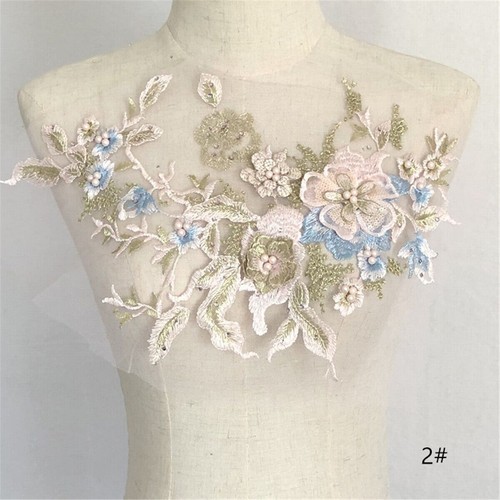 Flower Embroidery Applique Beaded Bridal Lace Tulle Trim Wedding Dress 3D Decor - Picture 7 of 14
