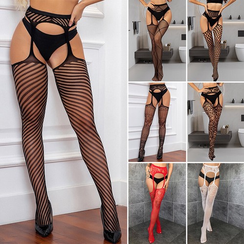Womens Fishnet Thigh-High Stockings Tights Suspender Garter Pantyhose Hosiery - Picture 14 of 28
