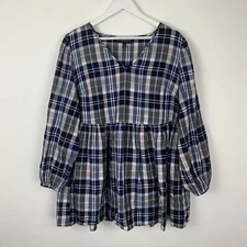 Lane Bryant Womens 14/16 Plaid Babydoll Blouse Top Blue Long Sleeves Plus Size