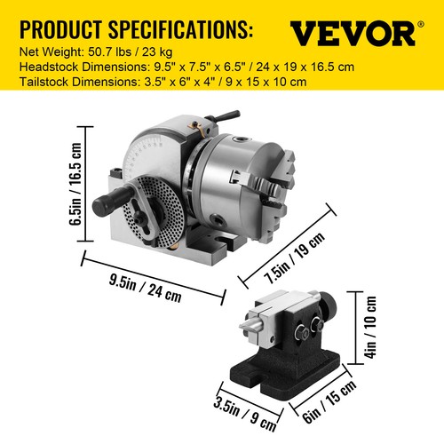 VEVOR BS-0 Semi 5" Indexing Dividing Head 3-Jaw Chuck Tailstock For CNC Milling - Picture 7 of 12