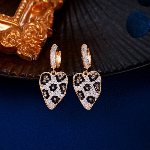 Chic Gold Plated Leopard Print Cubic Zircon Irregular Heart Dangle Drop Earrings - Picture 4 of 8