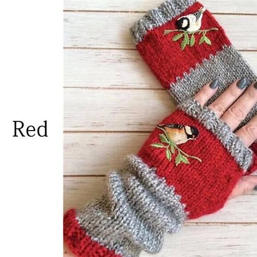 1Pair Women Winter Birds Embroidery Gloves Knitted Fingerless Mittens Gloves - Picture 2 of 17