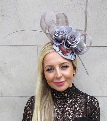 Grey Floral Rose Flower Feather Pillbox Hat Hair Fascinator Races