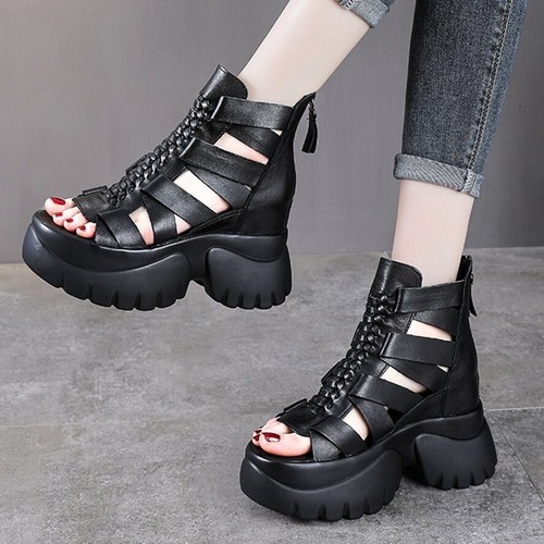 Summer Ankle Boots Women Genuine Leather Strappy Platform Wedge Sandal Gladiator - Picture 8 of 9