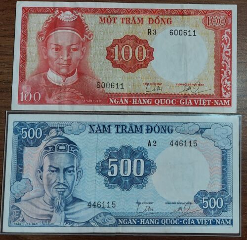 Juego de 2 piezas Dong 100 y 500 del Sur de Vietnam 1966 circulado - Imagen 1 de 2