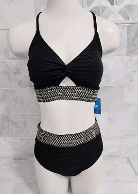 NWT Cupshe Two Piece Swimsuit Size M Textured Black W Gold 