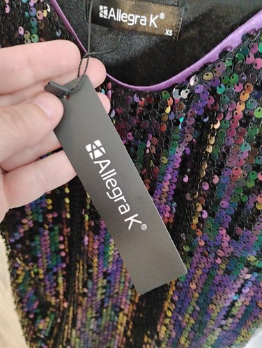 NWT Allegra K Sequin V Neck Spaghetti Strap Mini Party Dress XS Purple Green - Picture 10 of 12