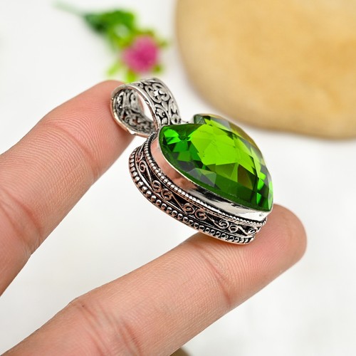 Natürlicher Peridot Edelstein Herz Anhänger 925 Sterling Silber Handarbeit Schmuck Geschenk - Bild 4 von 6