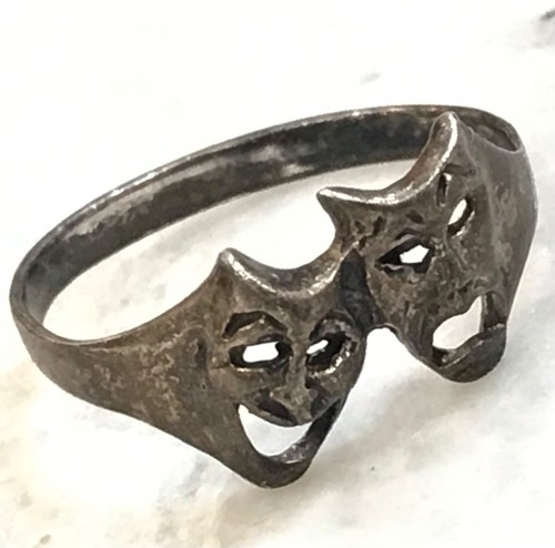 SILBER DRAMA RING Lachendes THEATER 2 MASKENGESICHTER 925 STERLING HANDARBEIT Gr. 7,25 - Bild 2 von 6