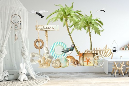 Beach Seagull Coconut Tree Swimming Ring Wall Fabric Decal Set Sticker Boy Decor - Picture 3 of 5