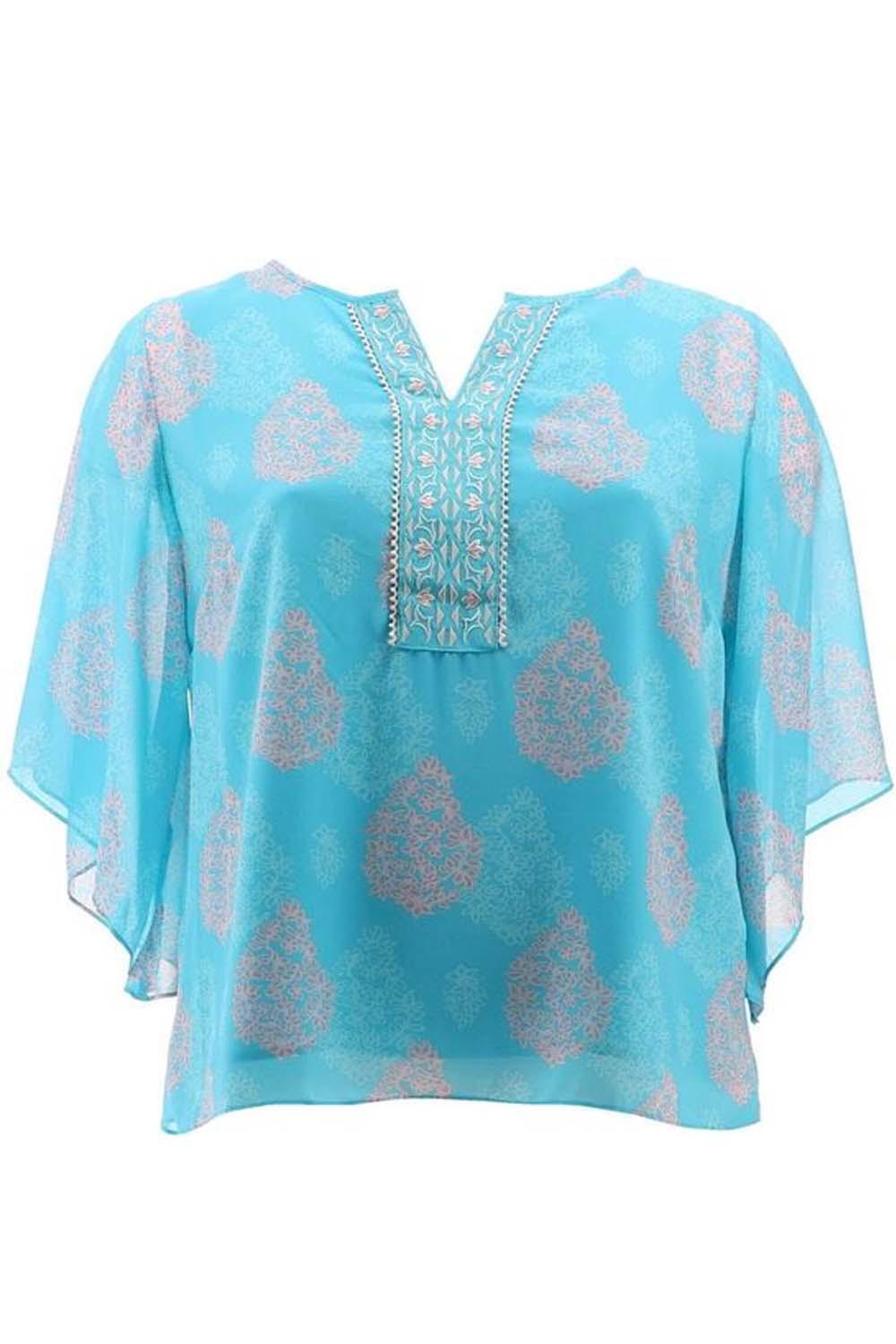 Belle by Kim Gravel Floral Medallion Printed Blouse Turquoise