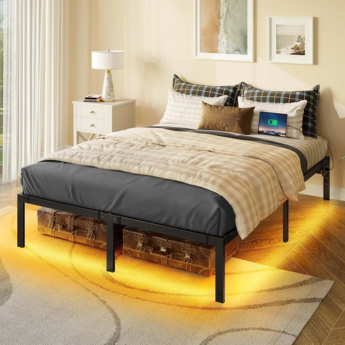 Bed Frame with USB Charging Station, Full Bed Frame with LED Lights, Platform Be - Picture 2 of 8
