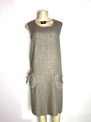 belle France TAUPE LINEN A LINE DRESS WITH POLKA DOT POCKETS SIZE MED | eBay