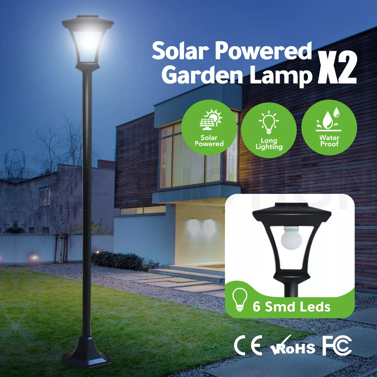 Deluxe Solar Powered Garden Lamp Post X2 Outdoor Yard Standing