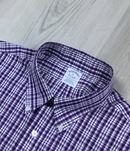 Brooks Brothers Supima Cotton Dress Shirt Mens XL White Purple Plaid Long Sleeve
