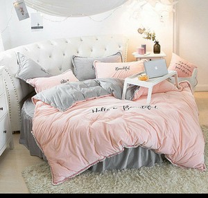 Details About 4pc Cashmere Pink Gray Round Bed Pillowcase Lace Edge Bedskirt Duvet Cover Set
