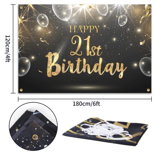 Happy 21st Birthday Banner Black Gold Glitter Backdrop Decor for Women Men - Picture 2 of 7