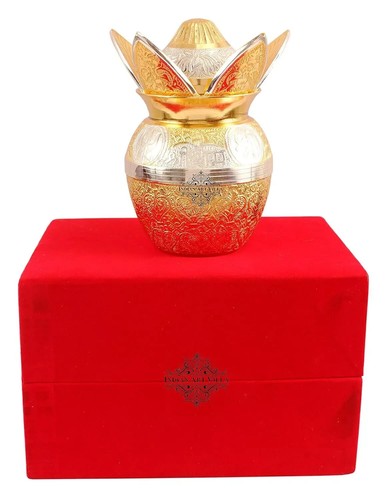 Silver Plated Gold Polished Designer Mangal Kalash with Coconut Pojan 6 inch - Picture 3 of 3