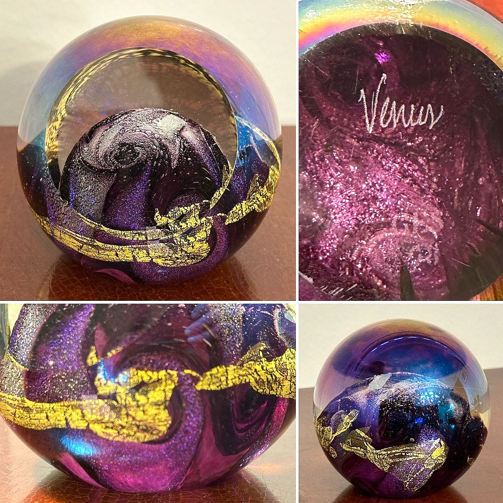 Signed Vintage 1998 GES Glass Eye Studio VENUS Planet Purple Gold Paperweight