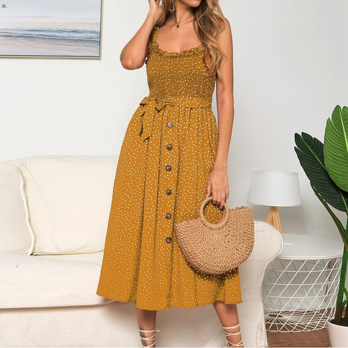 Womens Summer Button Strappy Cami Sundress Ladies Holiday Beach Boho Midi Dress - Bild 15 von 15