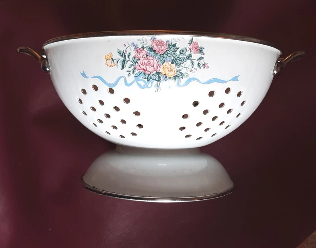 80s White Enamel Strainer Collander Vintage Florals Blue Ribbon Silver Handles