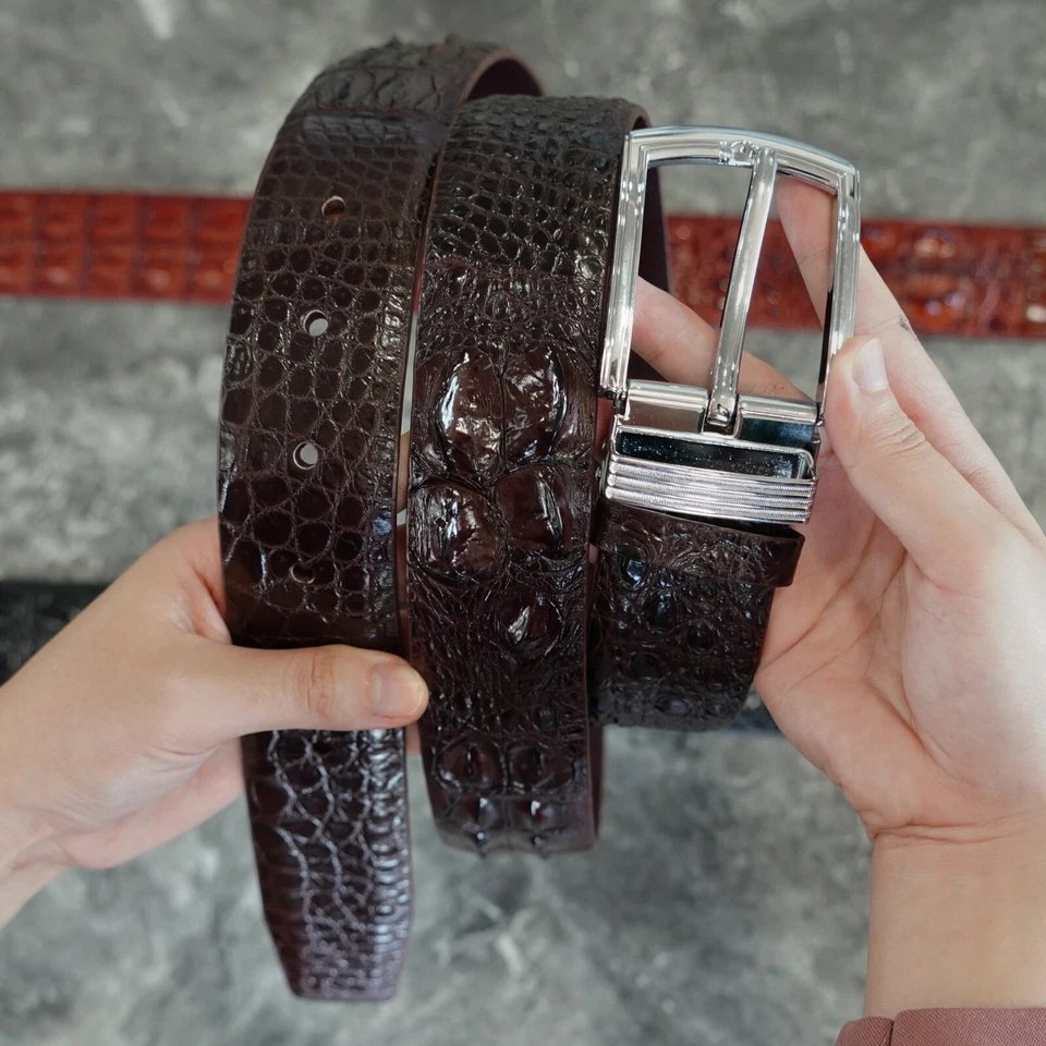Cinturón de piel de cocodrilo real marrón con espalda de cuerno para hombre W 1,5" sin articulaciones Foto 4 de 4