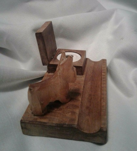 Pieza de escritorio de vidrio para ojos de vidrio de madera tallada de colección scooty terrier perro tinta pozo soporte para bolígrafo - Imagen 9 de 12