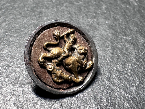 6 ANTIQUE SHANK BUTTONS : GOLDEN CHERUB ON LION, ON WOOD?, SILVER TONE RIM D454 - Picture 9 of 21
