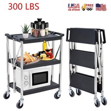 300LBS Folding Service Cart Stainless Steel 3-Tier Portable Rolling Utility Cart