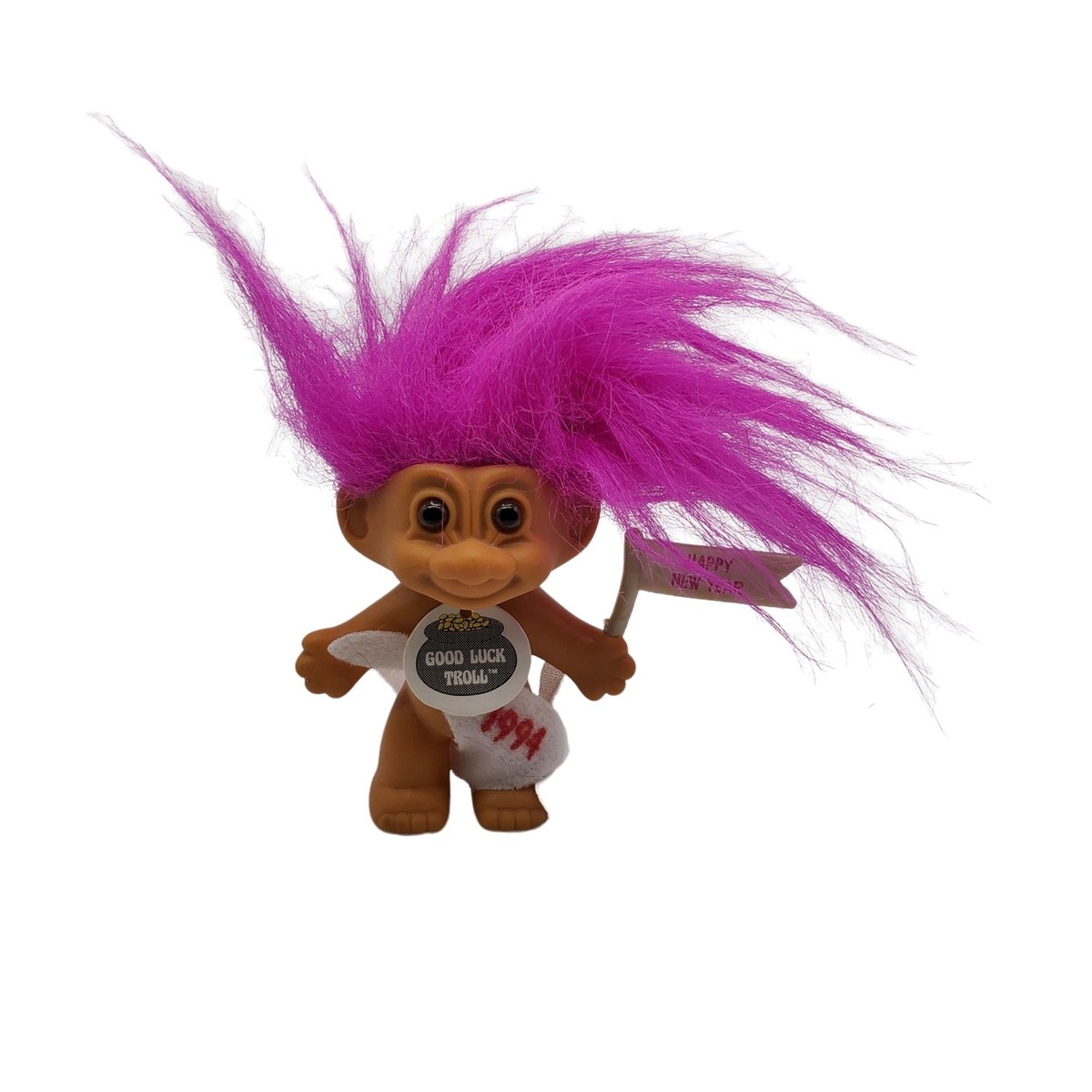Vintage Russ Good Luck Troll Doll Pink Hair Happy New Year