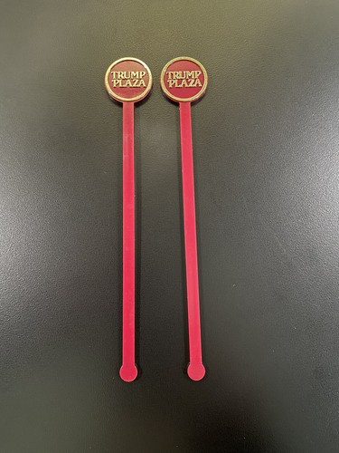 Lot of (2) Trump Plaza Swizzle Stick Drink Stirrers Burgundy Plastic Gold trim