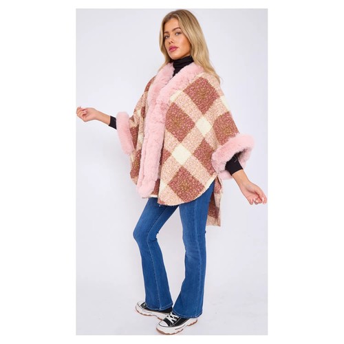 Taupe Faux Fur Front Opening Check Cape - Picture 8 of 14