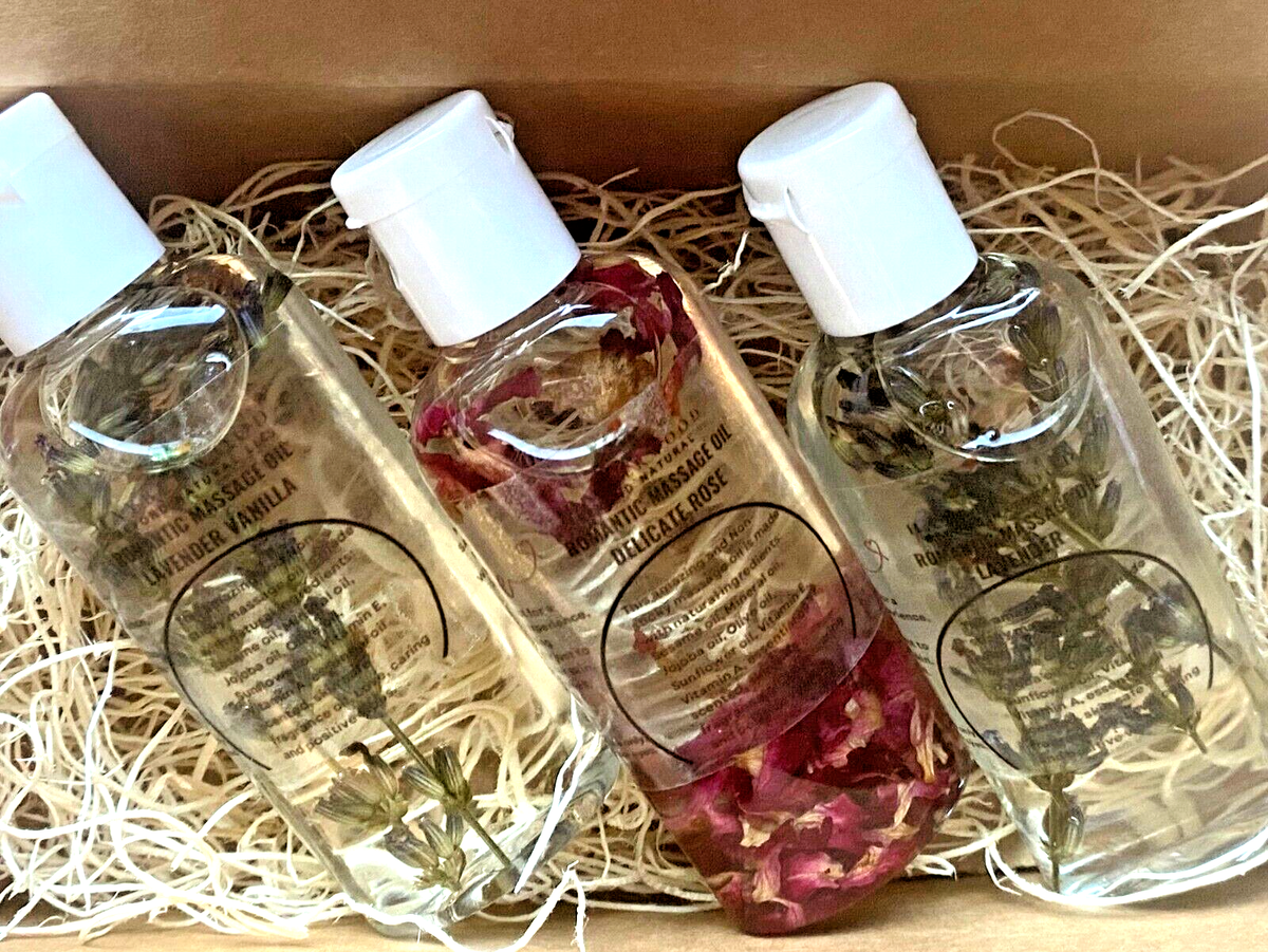 Romantic Massage Oil Gift Set, Gift Box for couples, three 1 oz