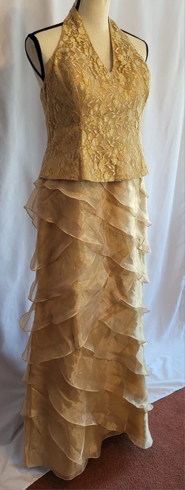Vintage Gold Halter Maxi Formal Dress Lace Bodice Chiffon Tiered Size 8/10 - Image 4 of 4