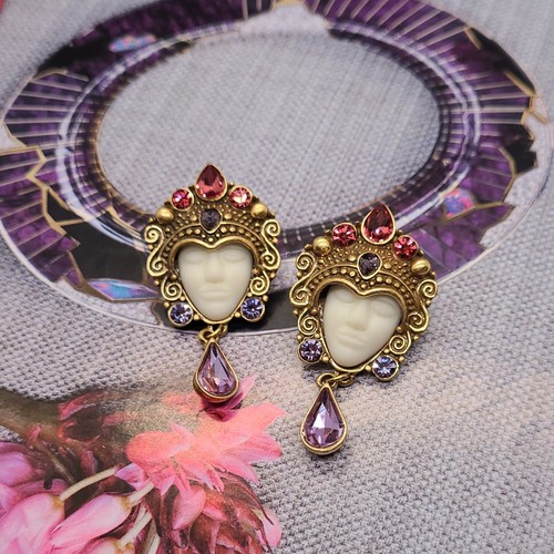 Vintage Signed Kirks Folly Crystal Crowned Warrior Princess Gold Earrings - Picture 9 of 19