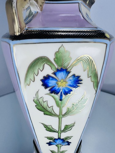 Antique Miyako Nippon Hand Painted Vase Art Deco Floral 8" Tall EUC Dble Handles - Picture 4 of 9