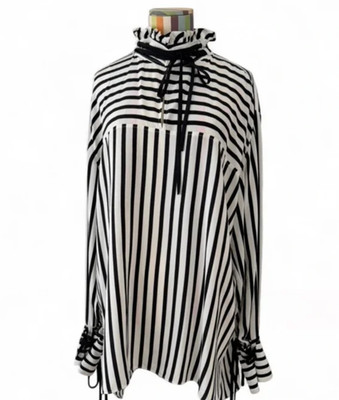 Derek Lam New York 100% Silk Black & White Striped Oversized Tunic Blouse Ties