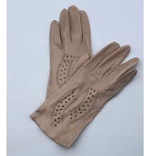 VTG Taupe Leather Decorative Embroidered Perforated Detail Gloves Womens Sz 7.5