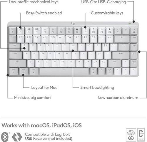 Logitech MX Mechanical Mini for Mac Bezprzewodowa klawiatura Dotykowe ciche klawisze - szary - Zdjęcie 3 z 5