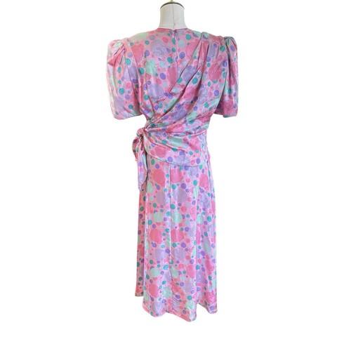 Vintage 80's Flora Kung 100% Silk Floral Dress 4 Pink & Green Wrap Midi Sheath - Picture 9 of 15