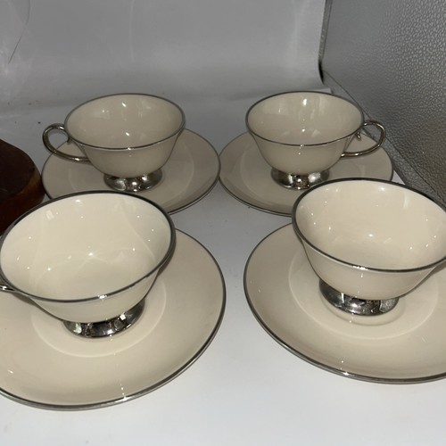 Flintridge Bellmere Set Of 4 Footed Cups And Saucers Cream Platinum Vintage Glam - Picture 2 of 6