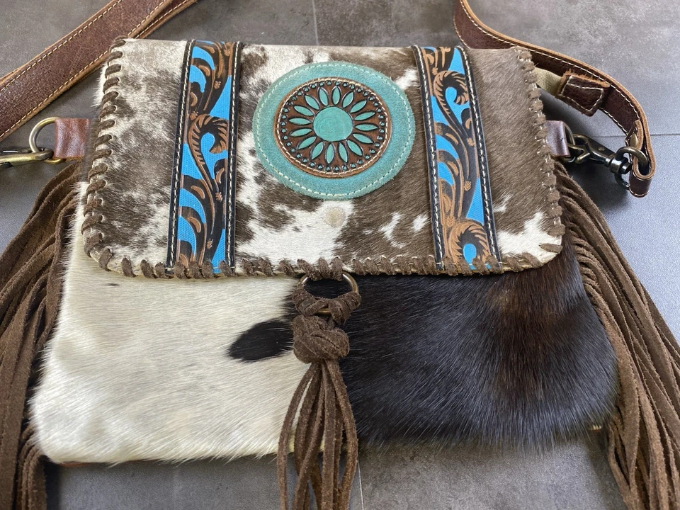 Myra Bag Western Cowhide Crossbody Purse with Fringe & Turquois Dream Catcher - Image 2 of 4