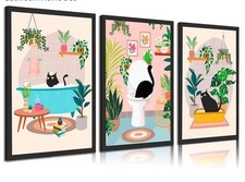 3pcs Black Cat Bathroom Canvas Wall Art Green Plants Black Cat 12x16in posters